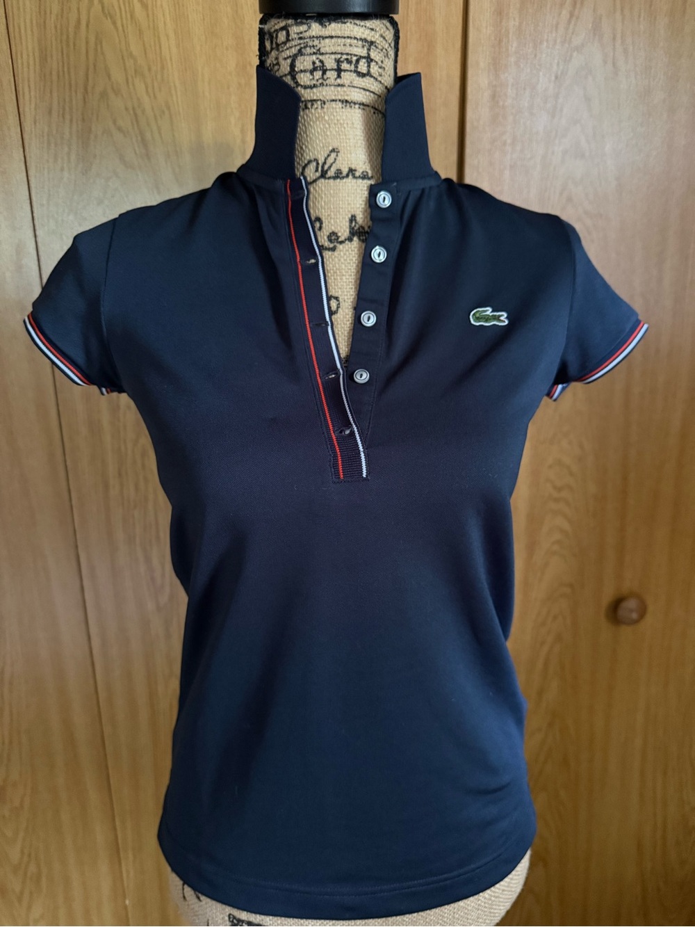Lacoste Navy Short Sleeve Polo with Red & White Trim